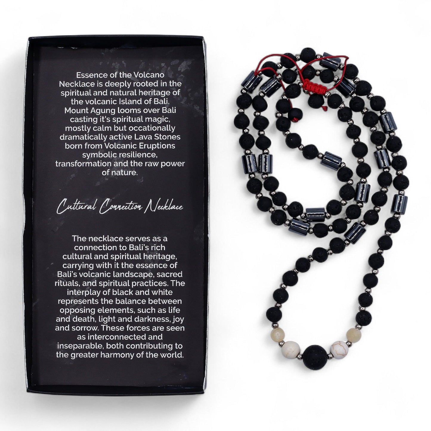 Spiritual necklace featuring a blend of textured black lava beads and smooth white howlite stones on a delicate cord.