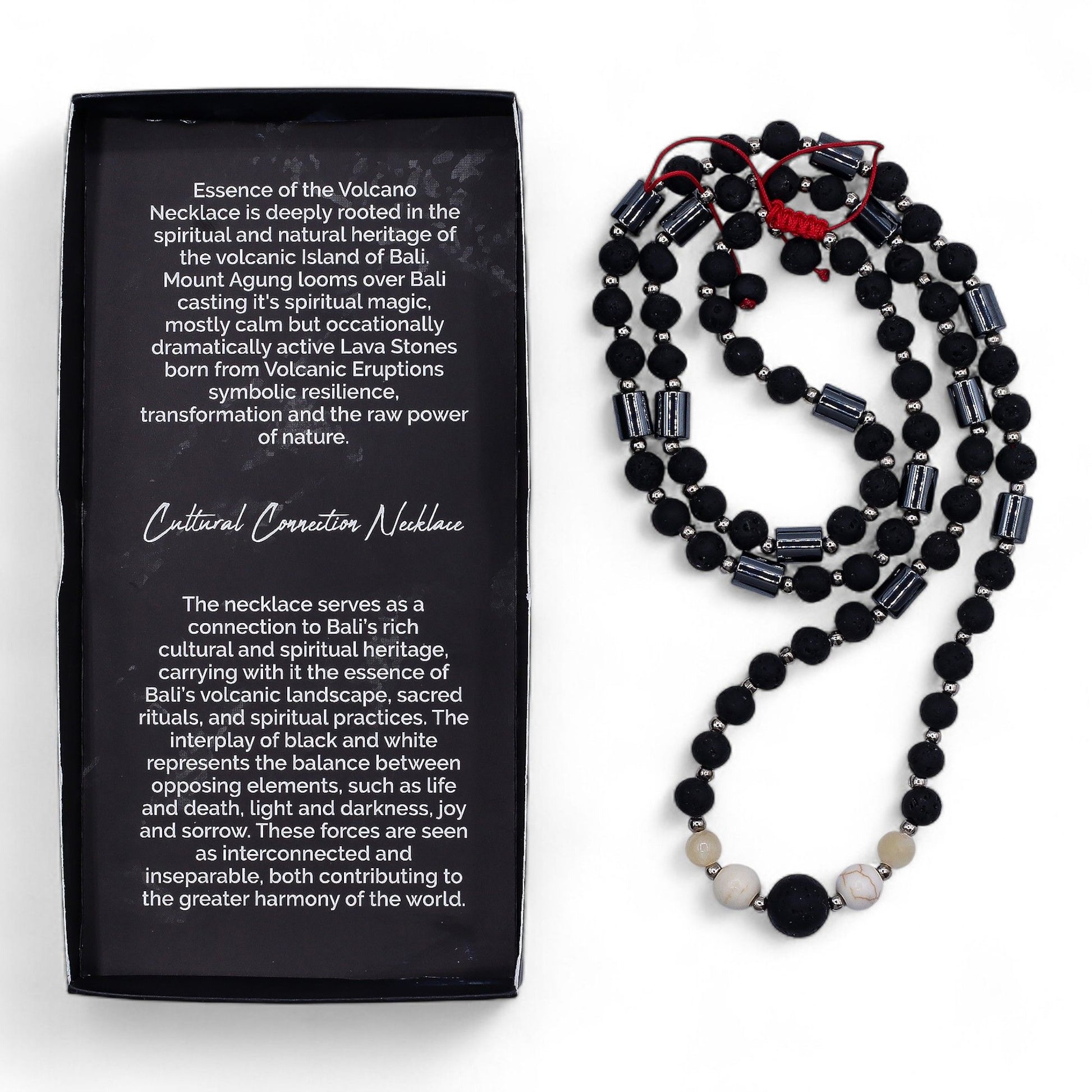 Spiritual necklace featuring a blend of textured black lava beads and smooth white howlite stones on a delicate cord.