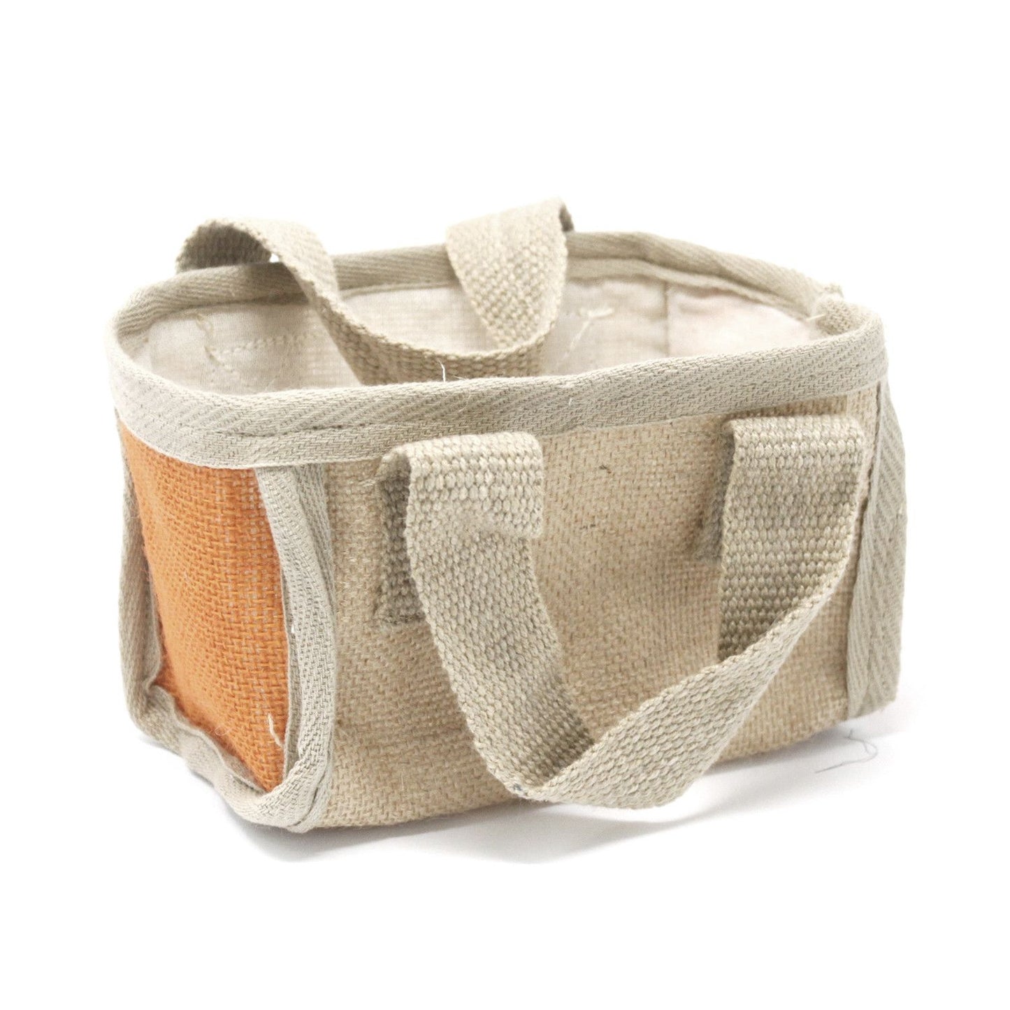 Small turmeric yellow woven jute shopping basket with soft handles and a natural cotton lining.
