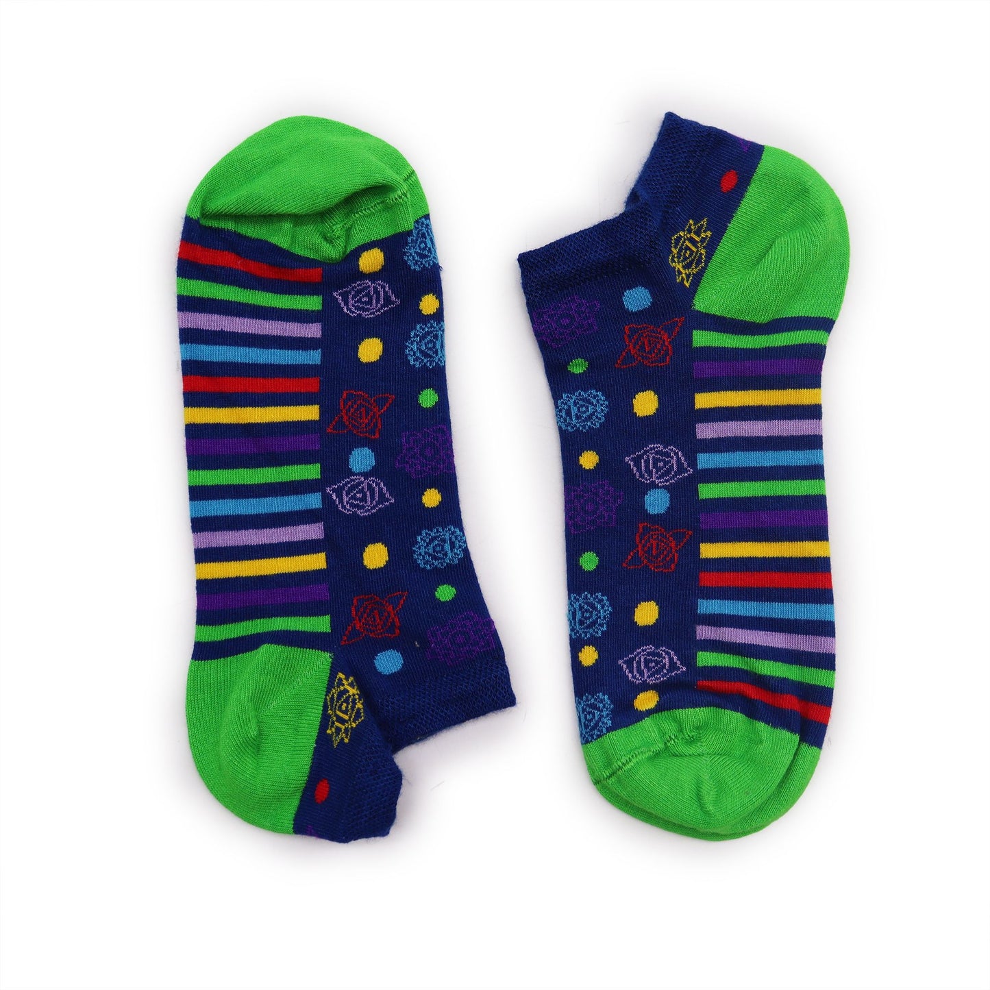 Pair of low-cut white bamboo socks featuring colourful symbols representing the seven chakras.