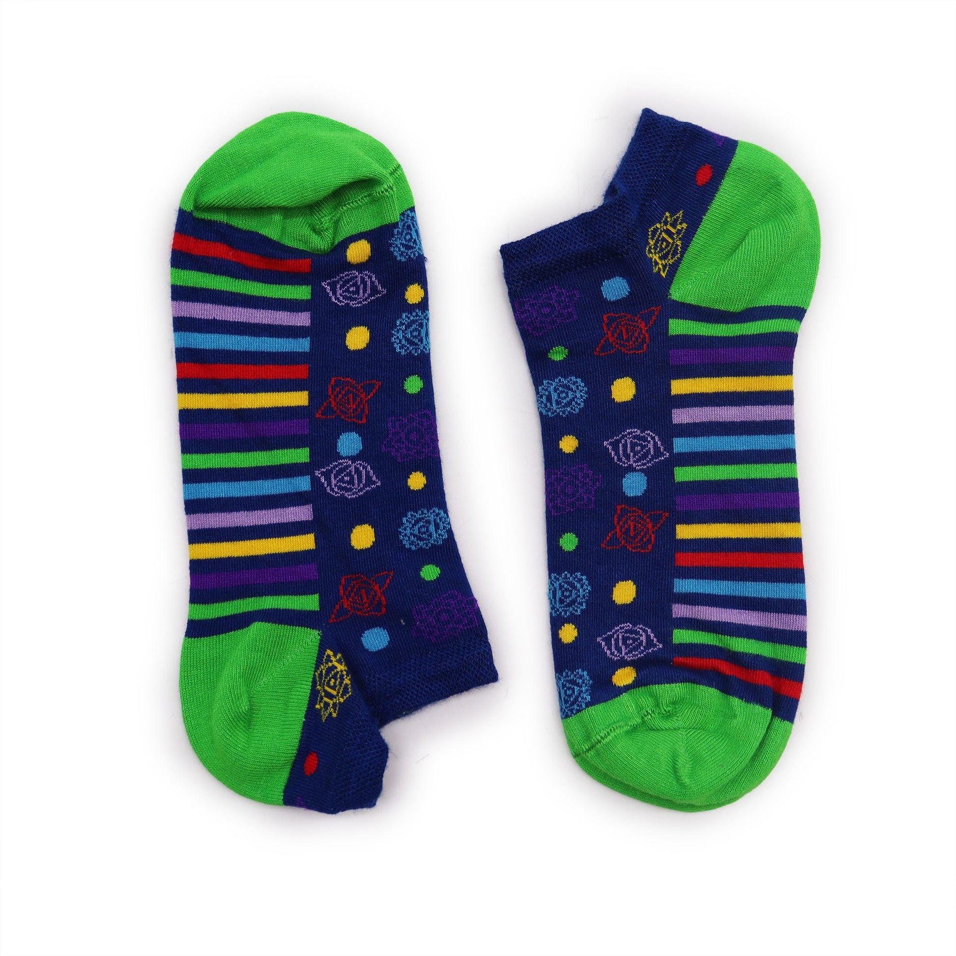 Pair of low-cut white bamboo socks featuring colourful symbols representing the seven chakras.