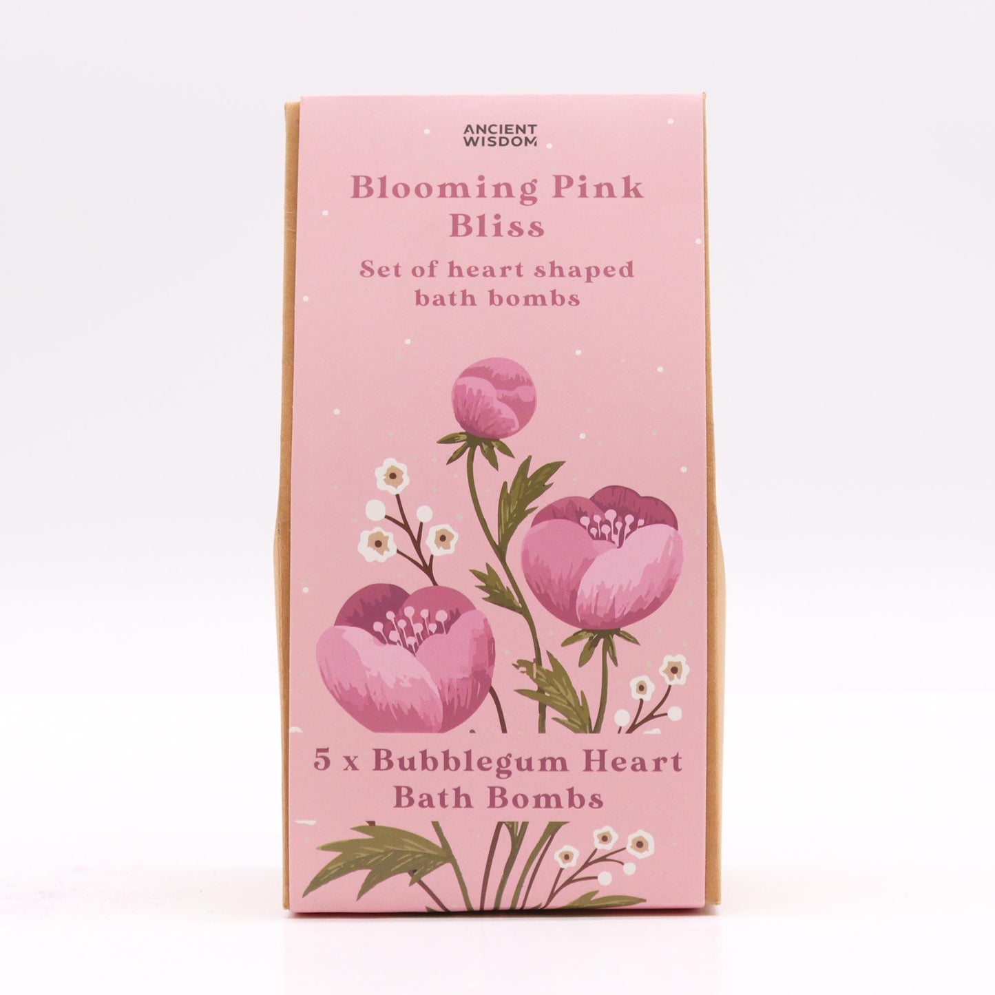 Six heart-shaped pink bath bombs arranged in a decorative gift box with floral and fruity patterns.
