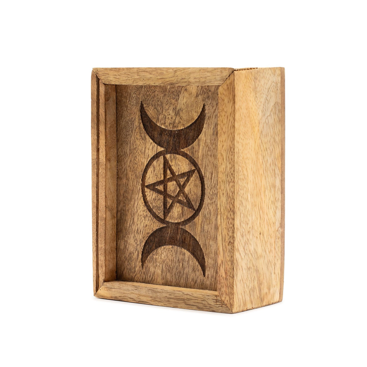 Handcrafted mango wood tarot card storage box with a integrated slot for displaying a single card upright.