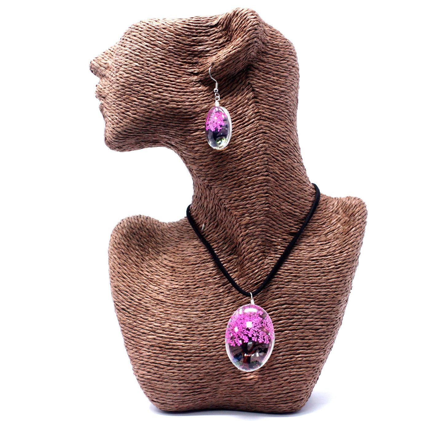 Beautiful necklace and earring set featuring real pink pressed flowers inside a silver-tone Tree of Life glass pendant.