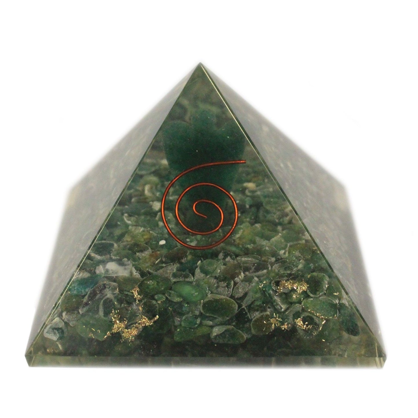 Large clear and metallic orgonite pyramid featuring an angel figure and embedded spiritual healing crystals.