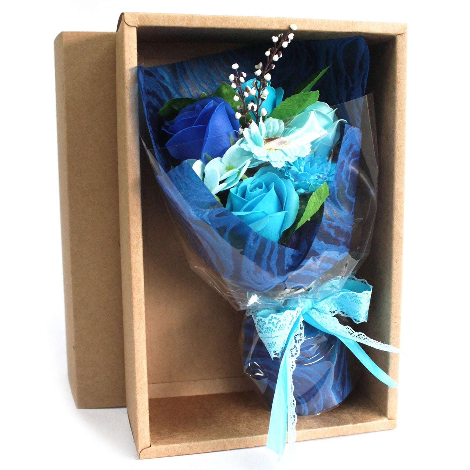 Elegant boxed arrangement of realistic blue soap roses and flowers for aromatherapy baths.