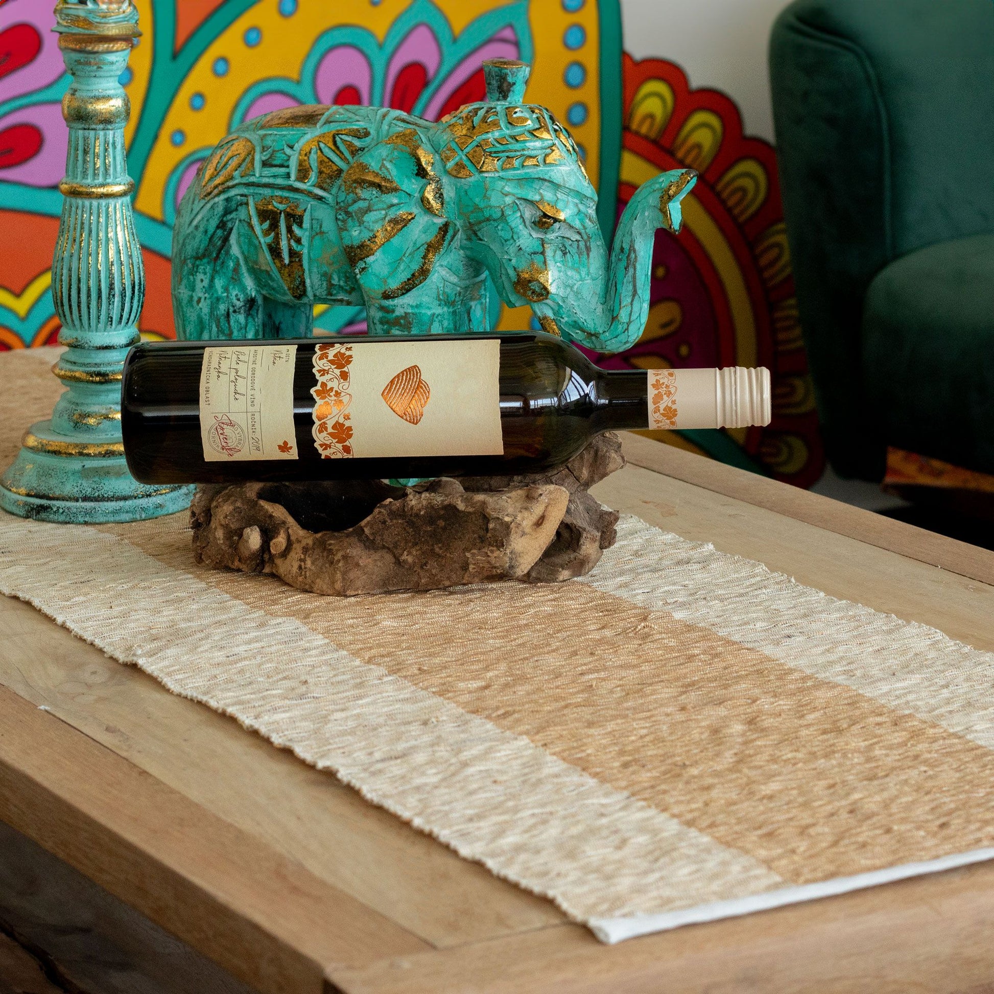 Handwoven natural vetiver root table runner showing detailed organic textures and earthy fibres.