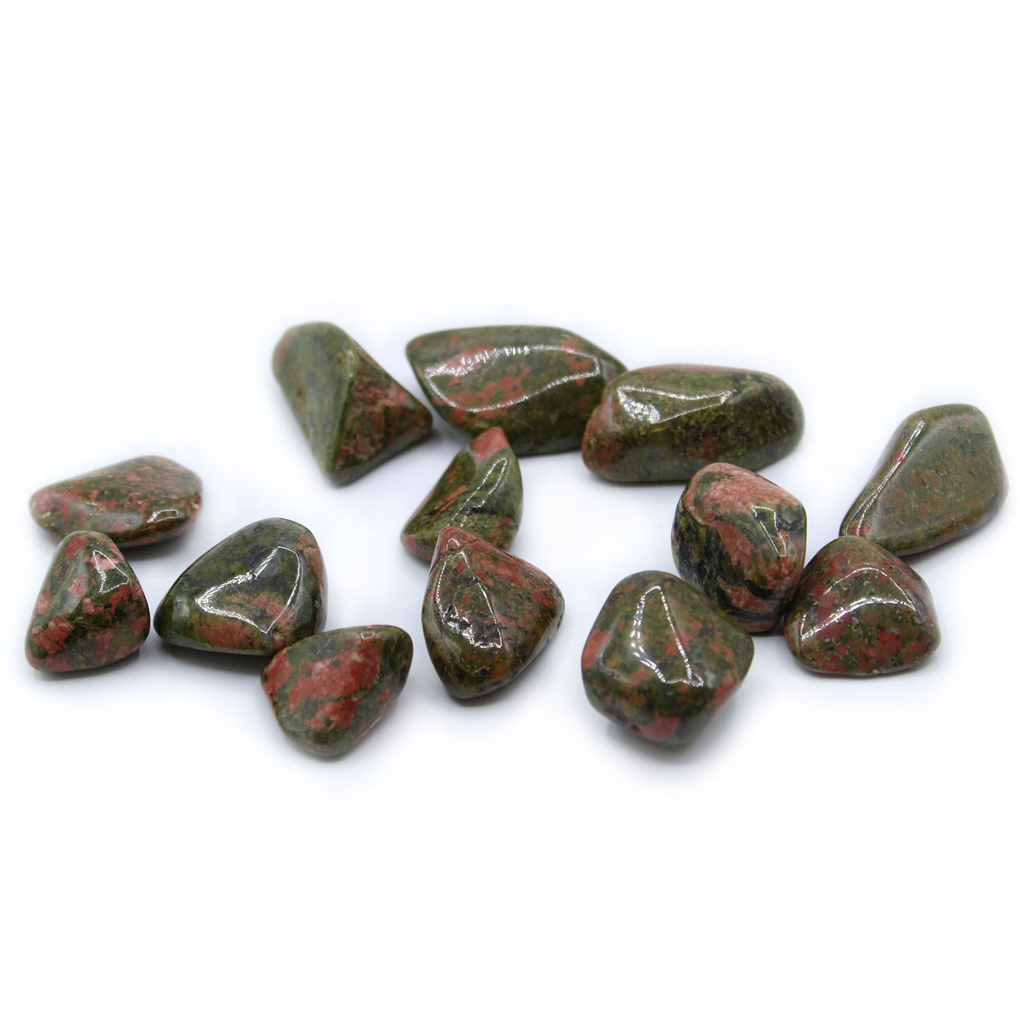 Large polished Unakite tumble stone featuring distinctive mottled green and salmon pink patterns.