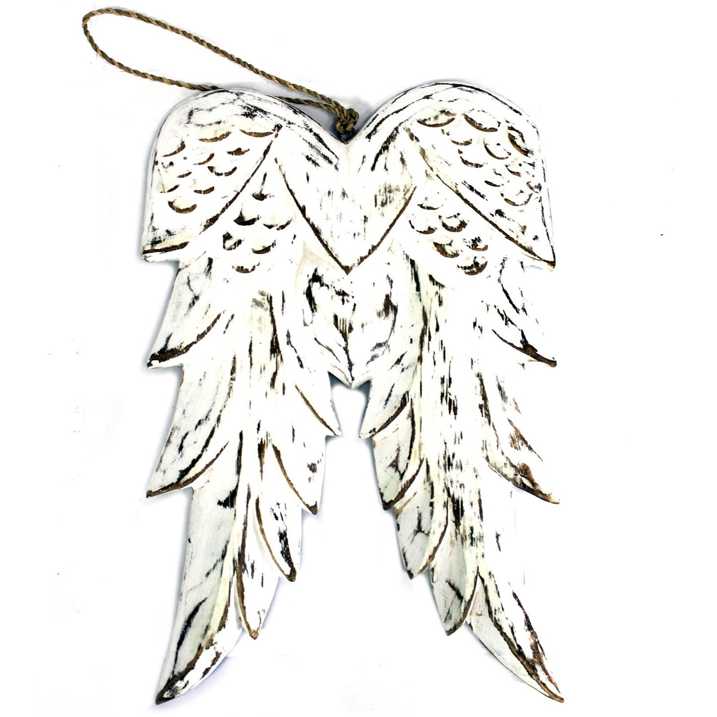 Pair of hand-carved vintage style wooden angel wings with a distressed white wash finish and intricate feather details.