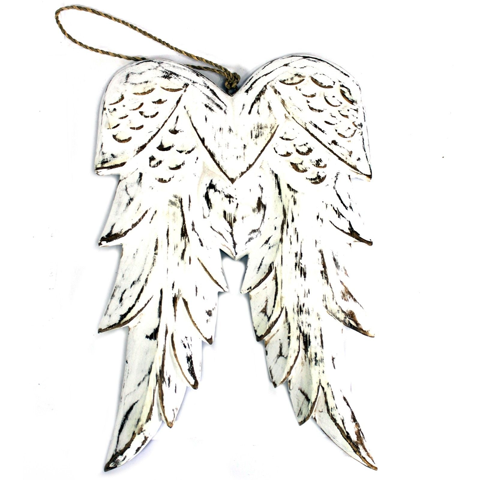 Pair of hand-carved vintage style wooden angel wings with a distressed white wash finish and intricate feather details.