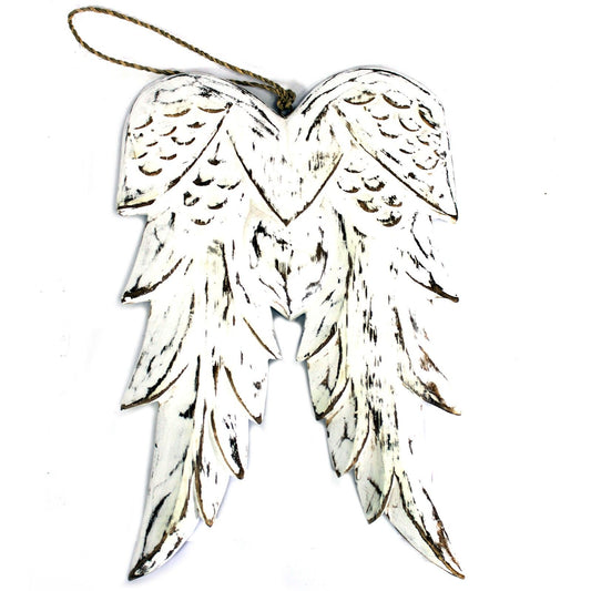 Pair of hand-carved vintage style wooden angel wings with a distressed white wash finish and intricate feather details.