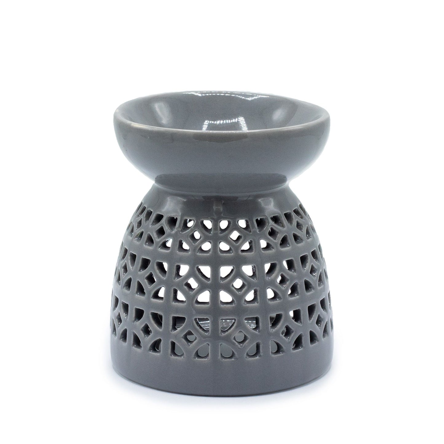 Grey ceramic oil burner featuring intricate Moroccan-style cutout patterns and a glossy finish.