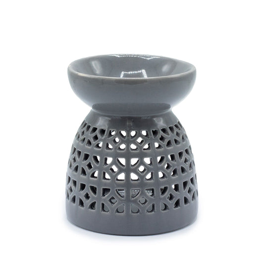 Grey ceramic oil burner featuring intricate Moroccan-style cutout patterns and a glossy finish.