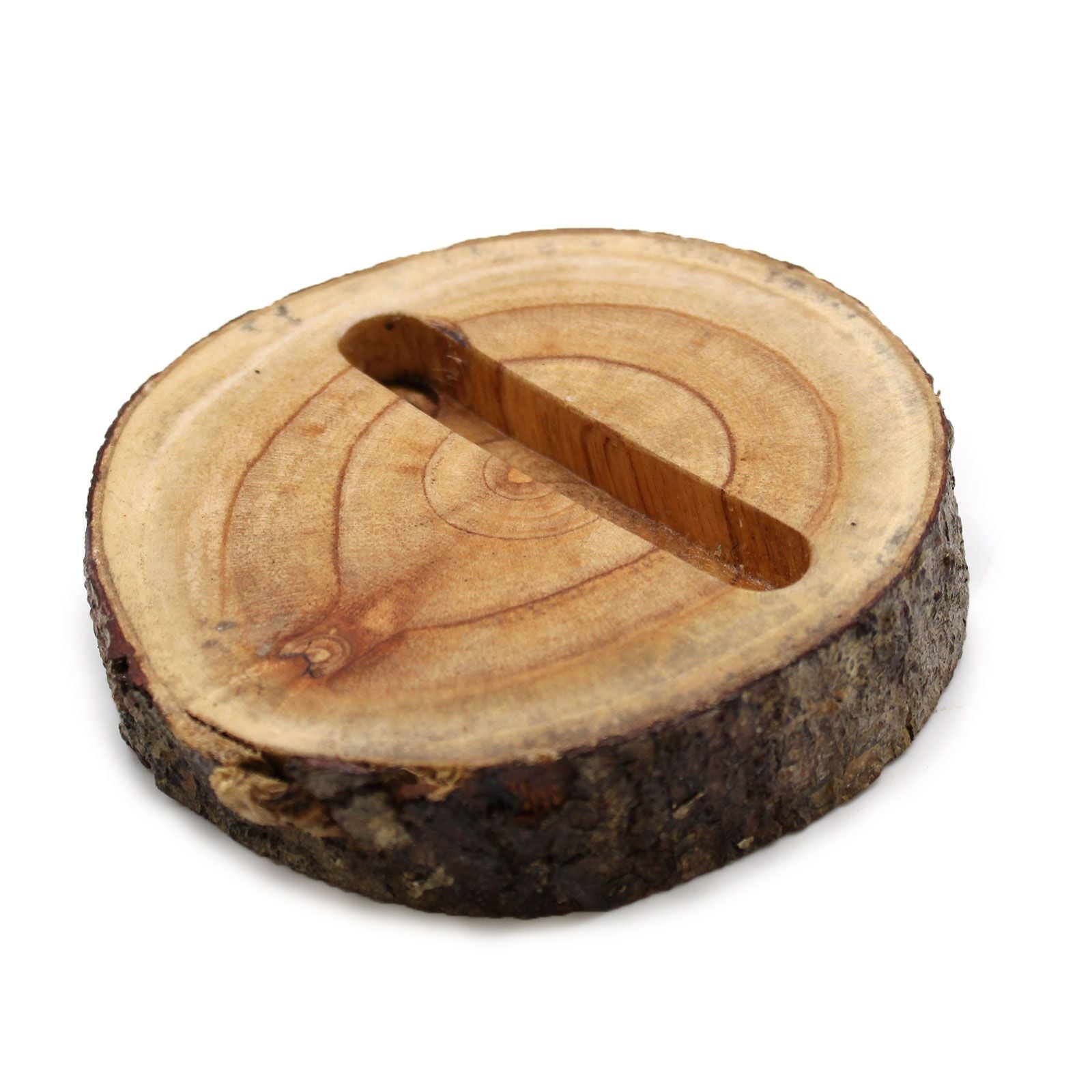Small natural wood log with a precision slot designed to hold a mobile phone vertically or horizontally on a flat surface.