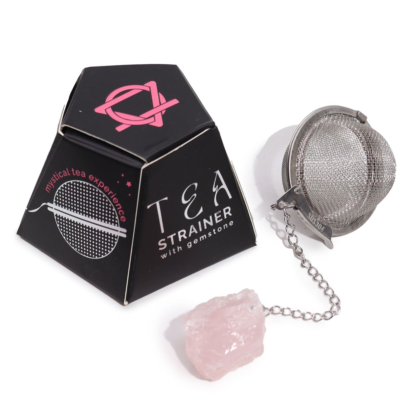 Stainless steel mesh tea strainer featuring a raw pink rose quartz crystal hanging from the end of the chain.