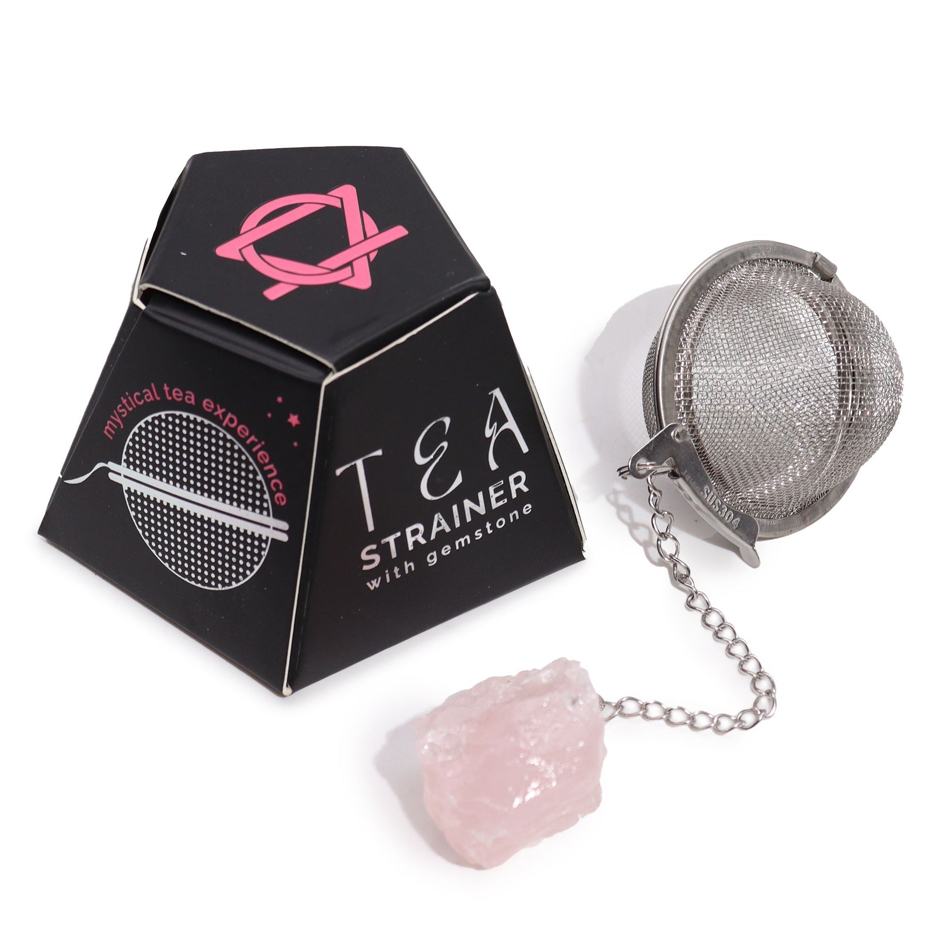 Stainless steel mesh tea strainer featuring a raw pink rose quartz crystal hanging from the end of the chain.