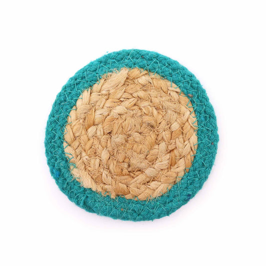 Set of four circular natural jute and cotton coasters with a decorative teal stitched border.