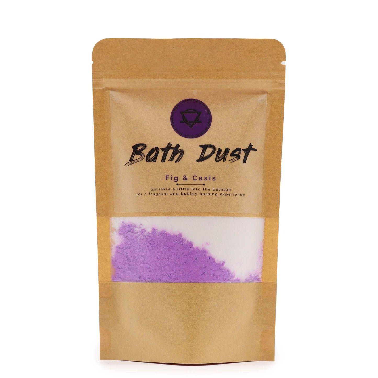 Close up of textured purple and pink bath dust with a rich fruity fragrance in a clear bag.