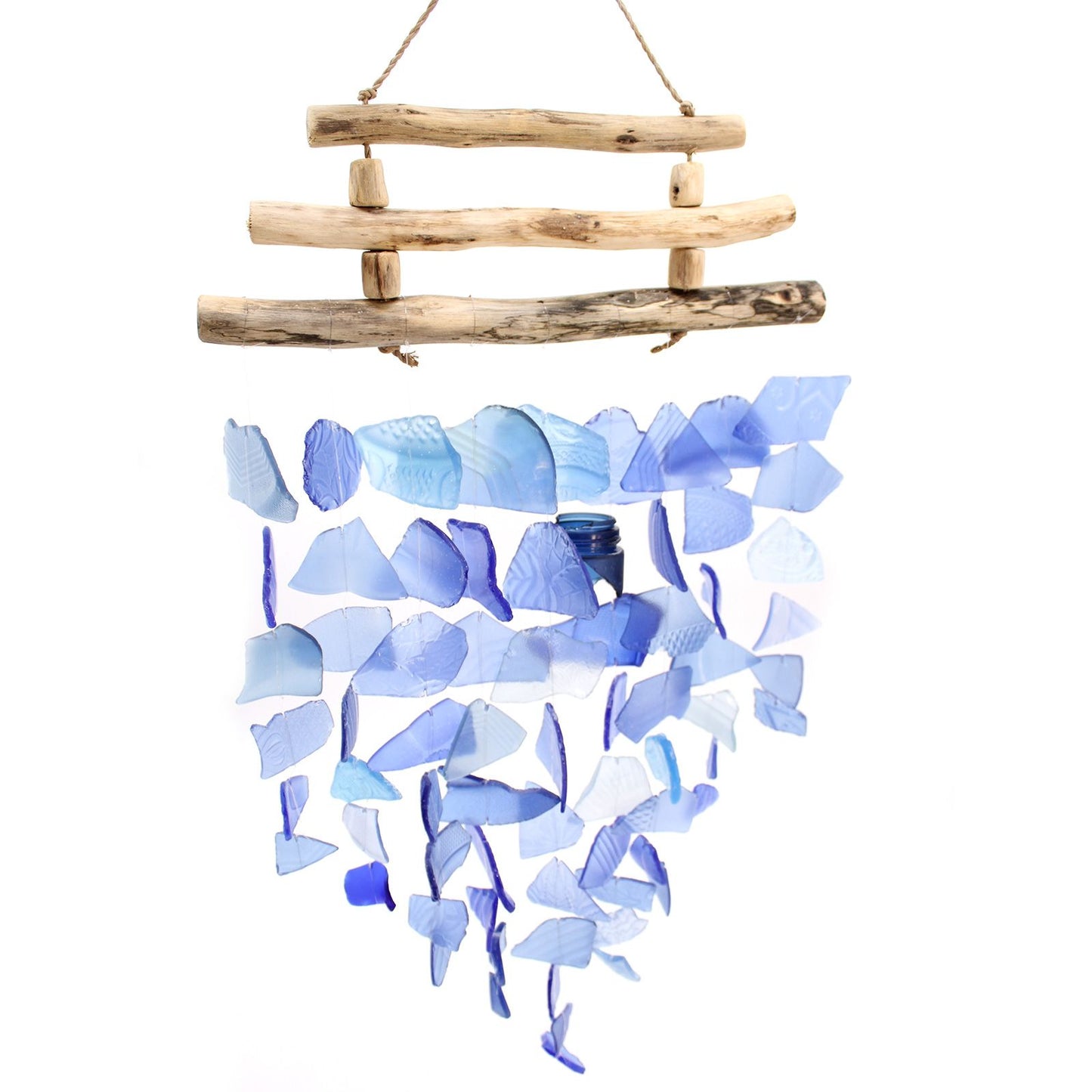 Handcrafted wind chime featuring three wooden sticks with dangling blue recycled glass pieces.