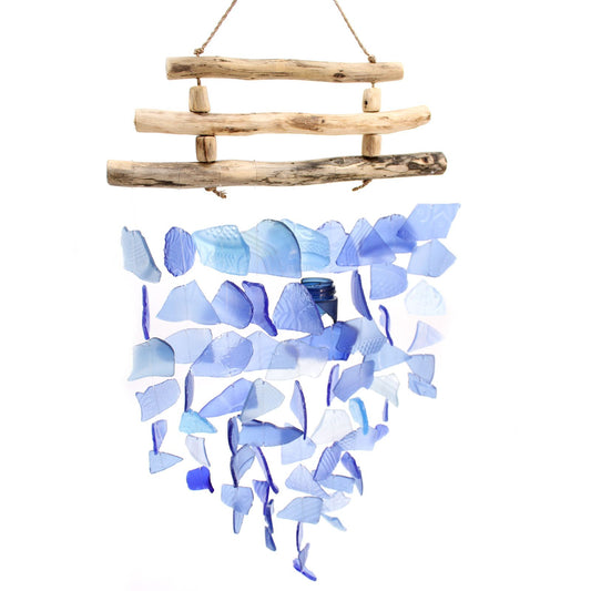 Handcrafted wind chime featuring three wooden sticks with dangling blue recycled glass pieces.