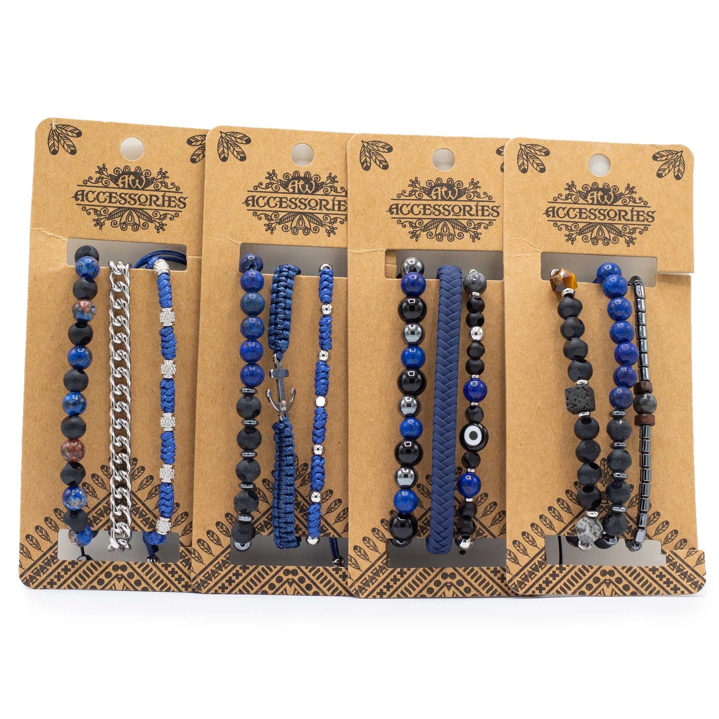 A collection of premium men's bracelets featuring various shades of blue beads and modern architectural accents.