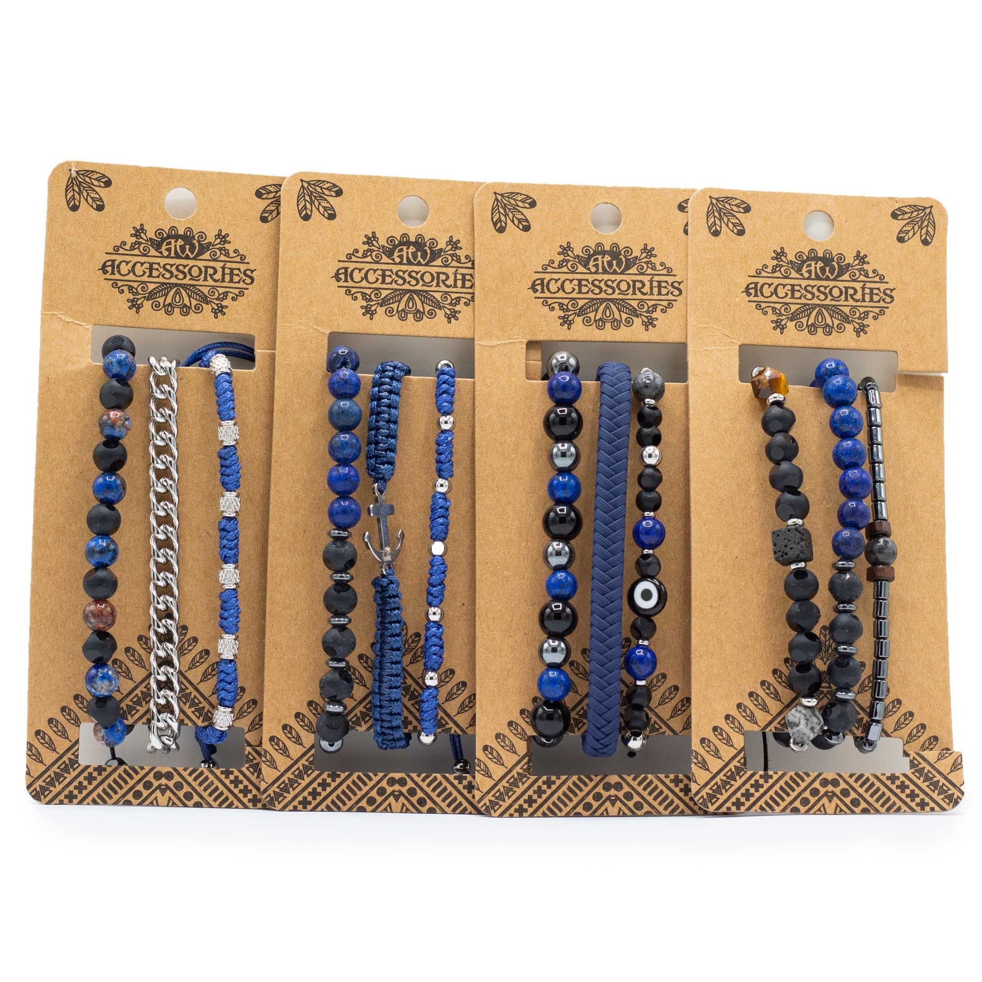 A collection of premium men's bracelets featuring various shades of blue beads and modern architectural accents.