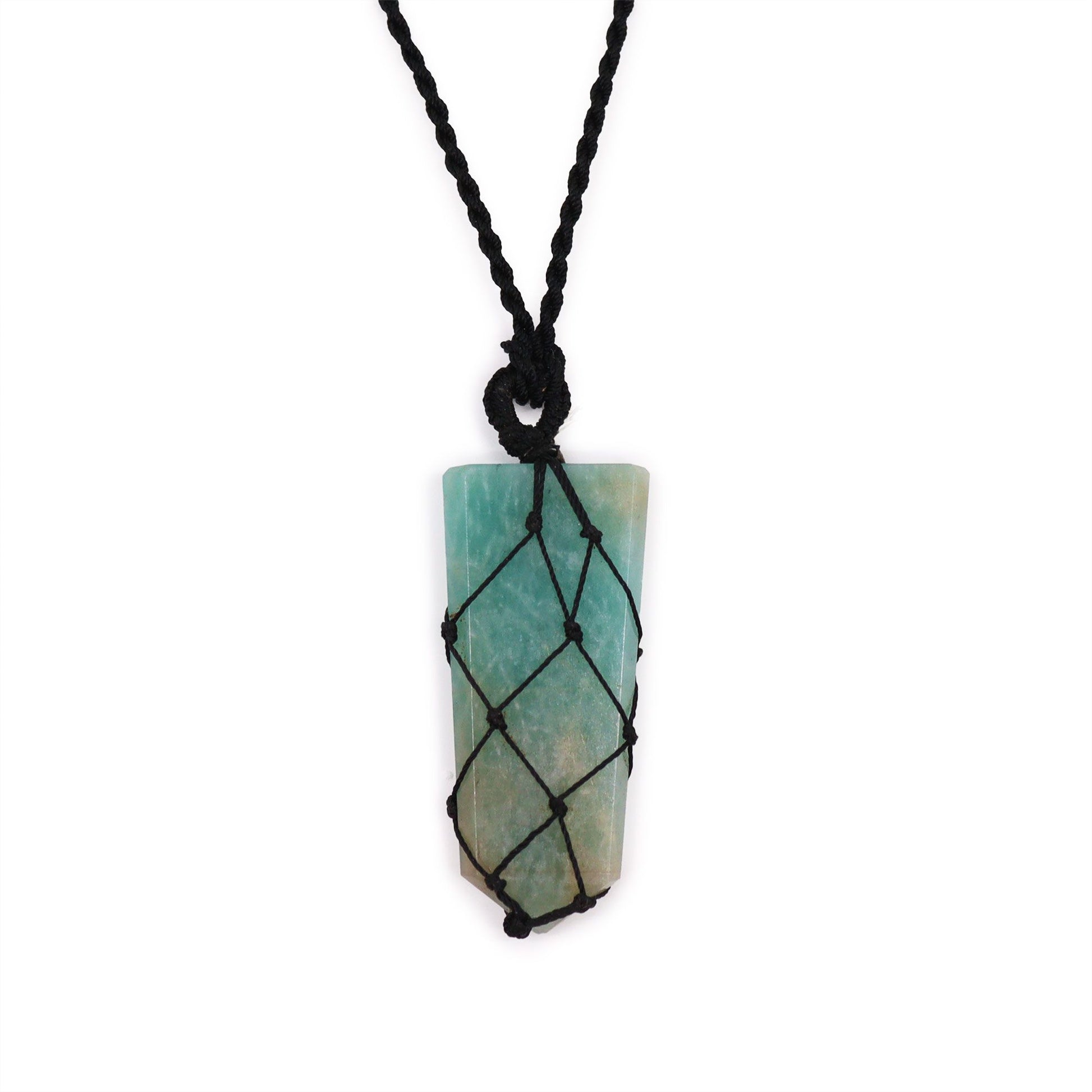 Sleek flat point gemstone pendant featuring vibrant aqua-green amazonite with delicate silver-style lacing.