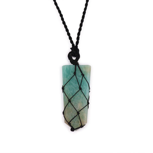 Sleek flat point gemstone pendant featuring vibrant aqua-green amazonite with delicate silver-style lacing.