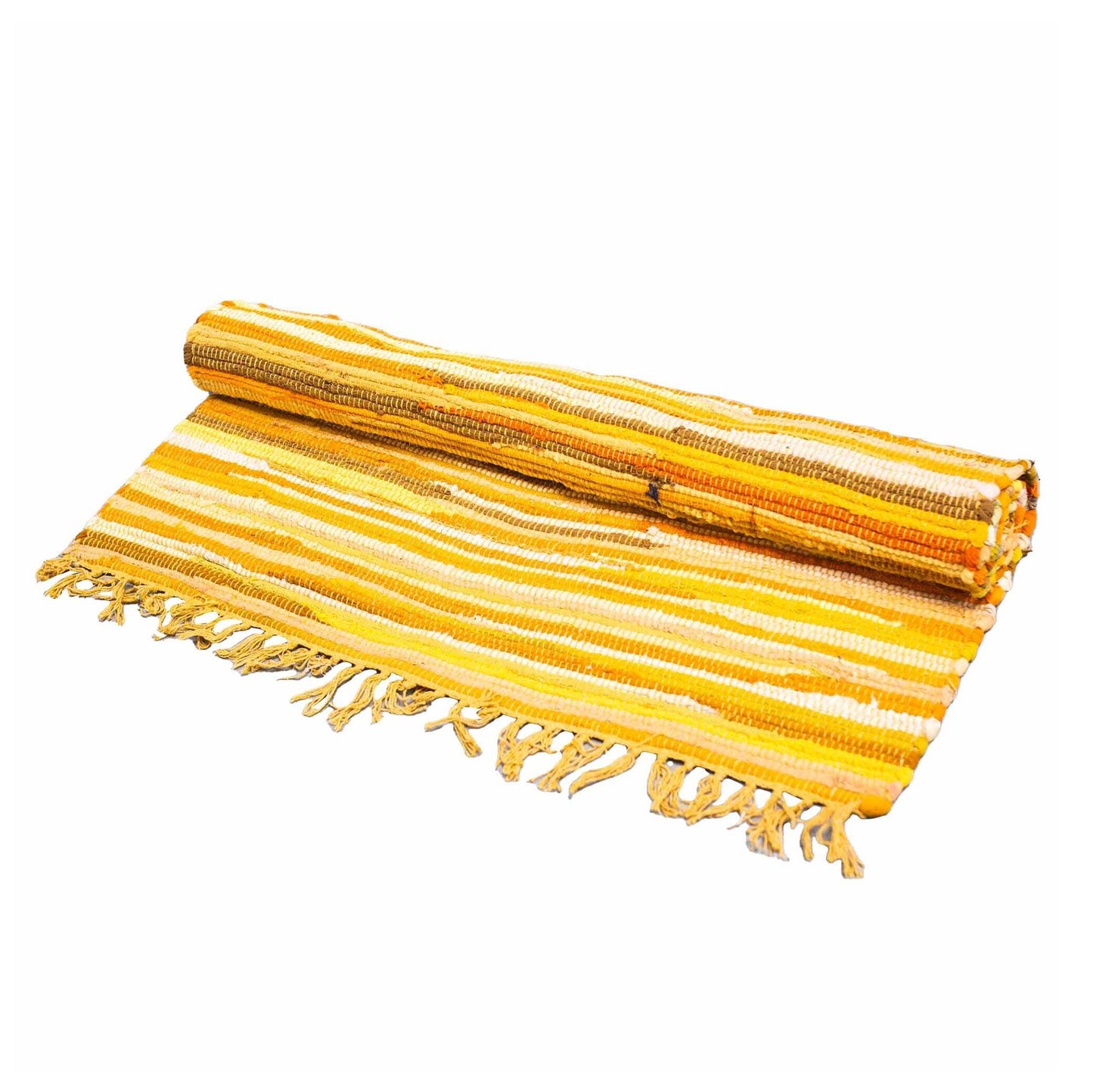 A large, vibrant sunrise orange and yellow woven cotton rag rug with a textured, eco-friendly finish.