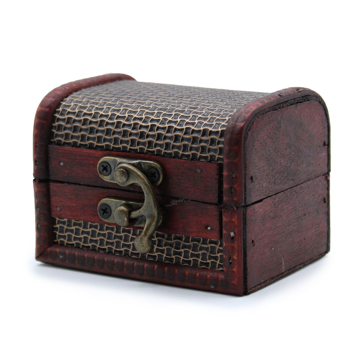 Vintage style wooden box with embossed mesh design and decorative brass fittings.