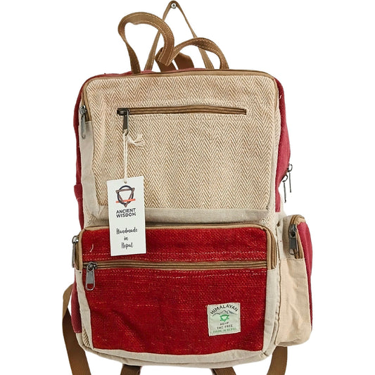 Large boxy sustainable hemp backpack in a stylish wine red and cream colour block design.