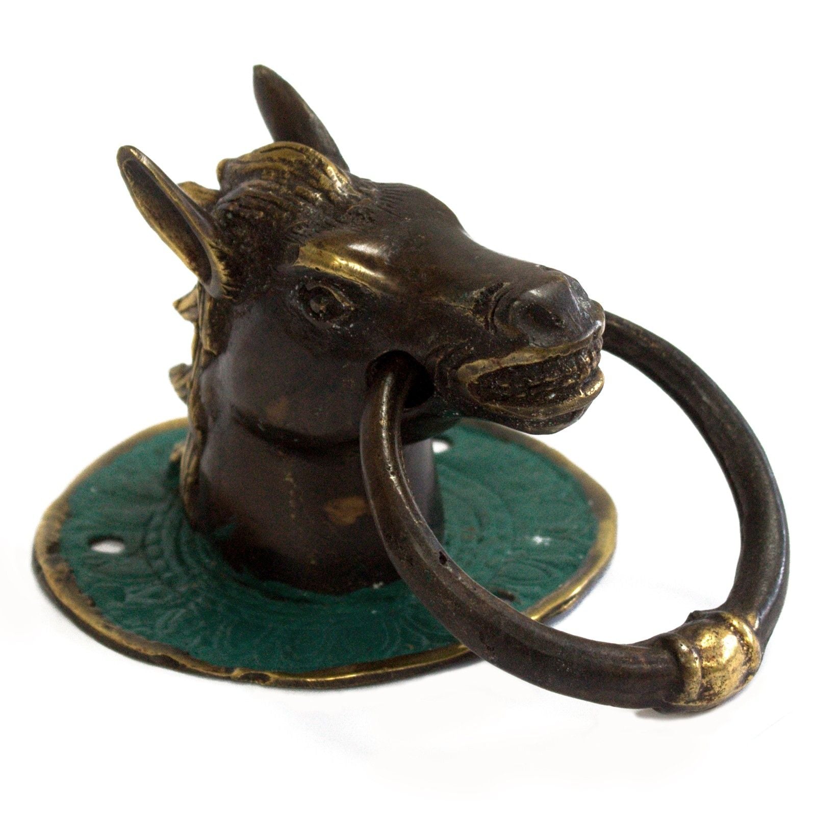 Detailed polished brass door knocker shaped like a majestic horse head with a traditional ring handle.