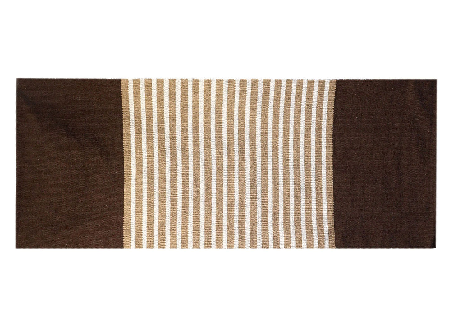 Handcrafted dark brown and beige woven Indian cotton rug in a versatile rectangular size for home or yoga.