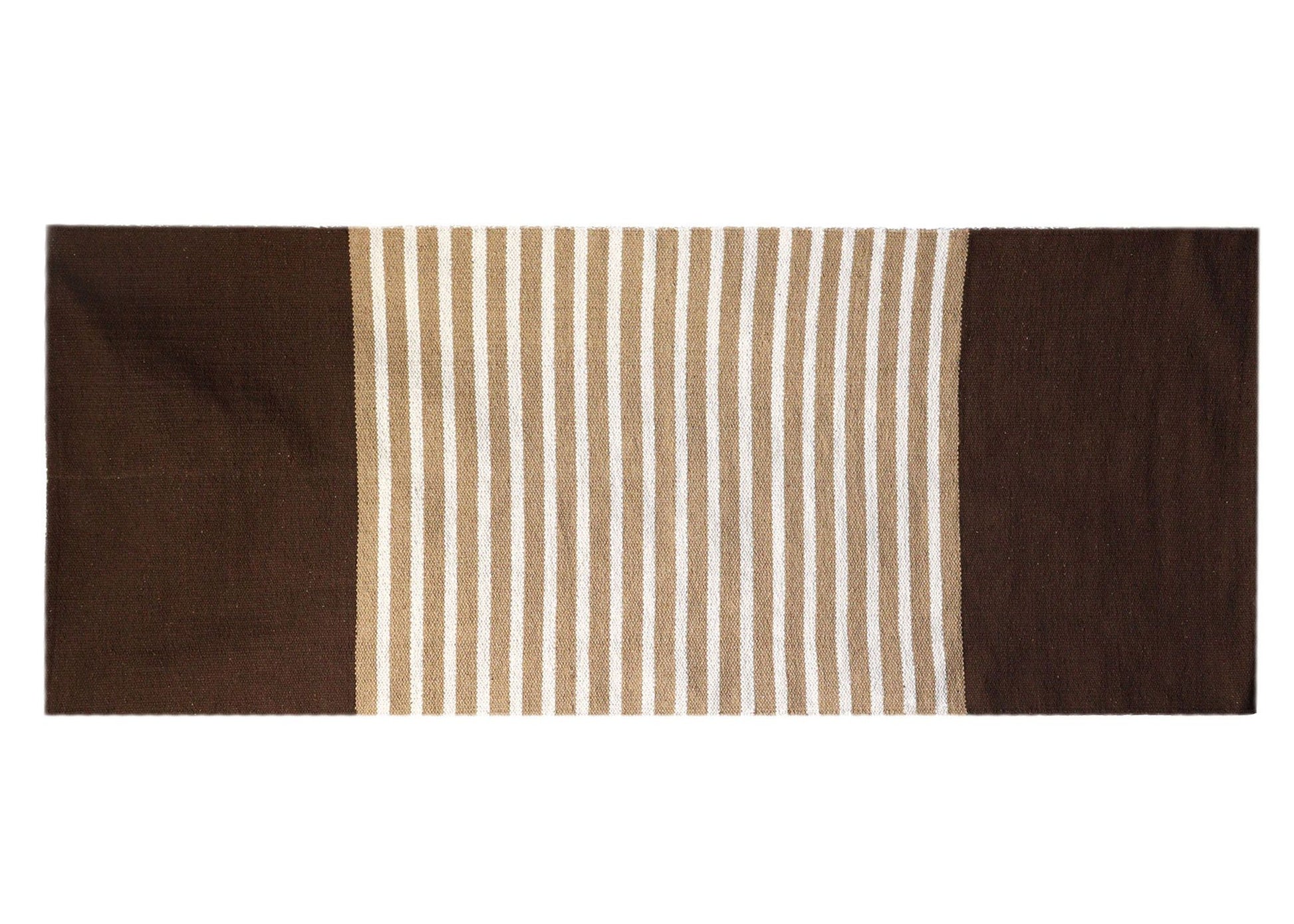 Handcrafted dark brown and beige woven Indian cotton rug in a versatile rectangular size for home or yoga.