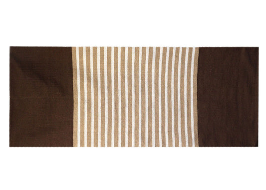 Handcrafted dark brown and beige woven Indian cotton rug in a versatile rectangular size for home or yoga.