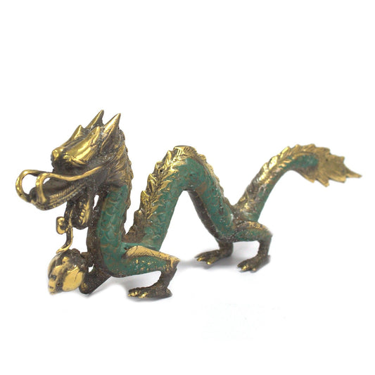 Detailed brass dragon figurine holding a ball, standing 20cm tall with an elegant traditional Eastern design.