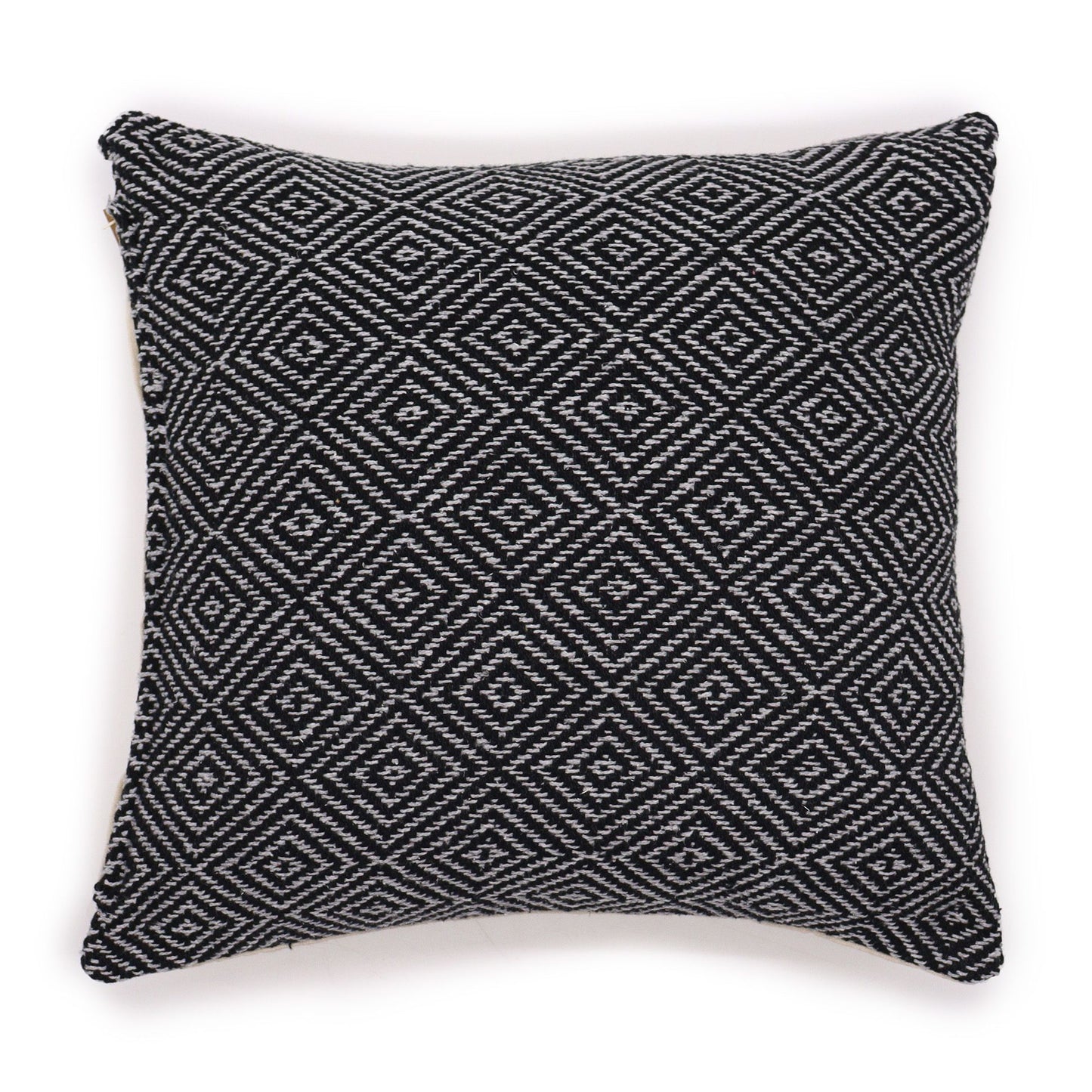 Square black and beige cotton cushion cover featuring a traditional Indian geometric maze pattern.