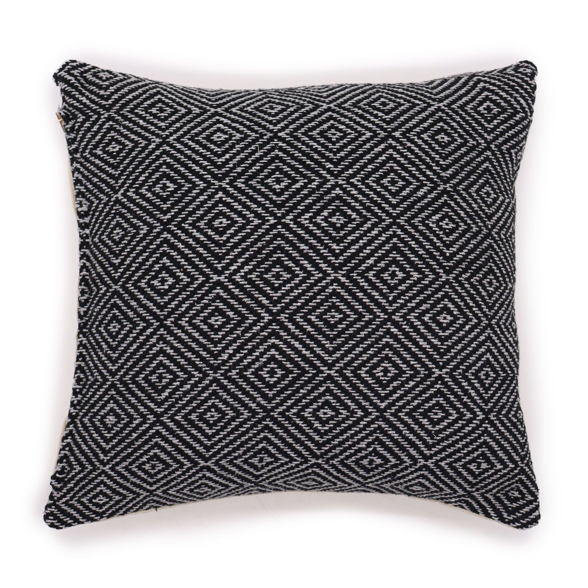 Square black and beige cotton cushion cover featuring a traditional Indian geometric maze pattern.