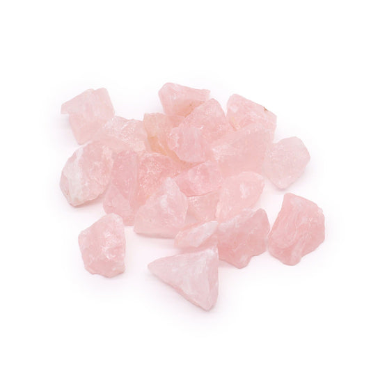A collection of natural, rough pink rose quartz crystal stones in various sizes against a neutral background.