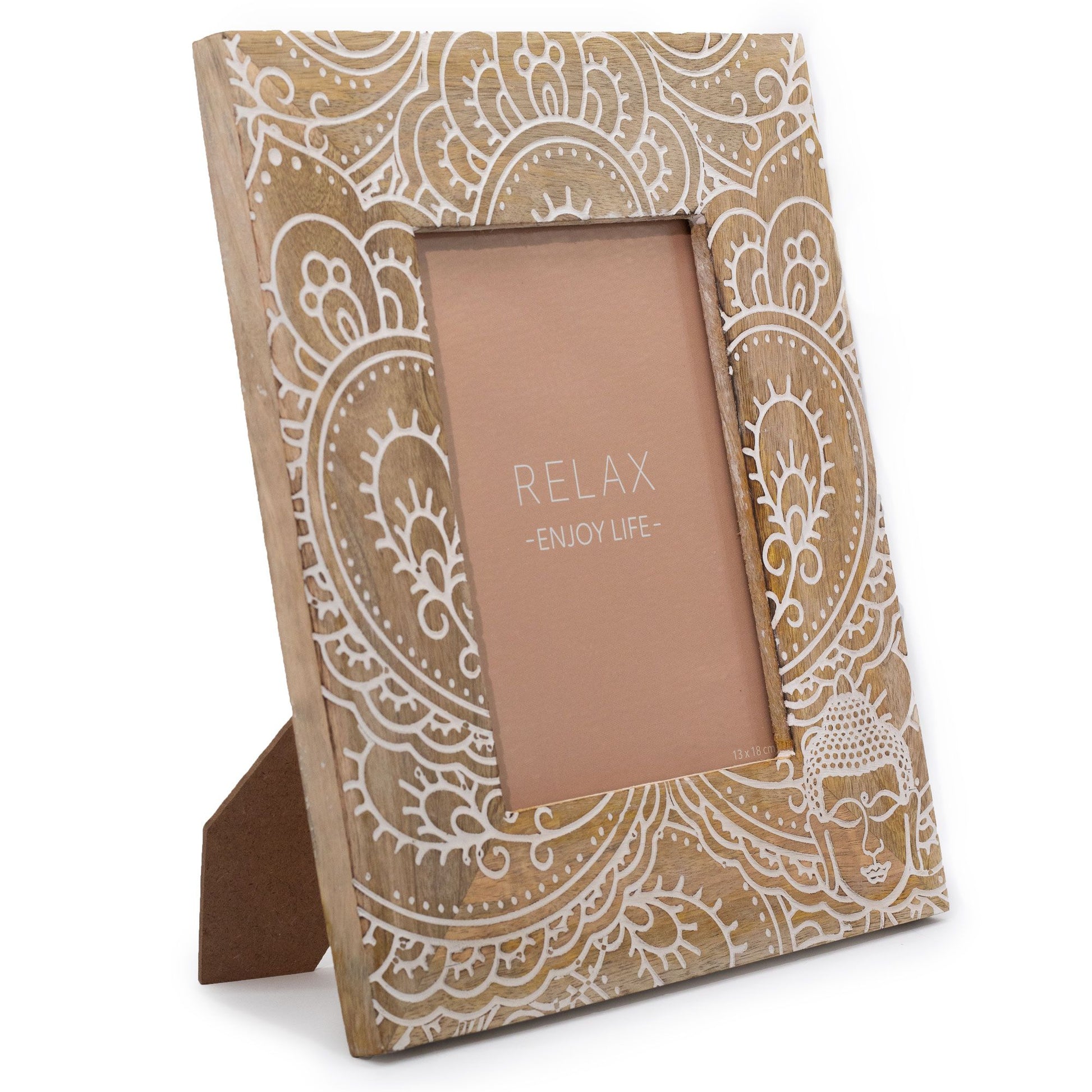 Large white hand-carved mango wood picture frame featuring a serene Buddha design for 13x18cm photos.