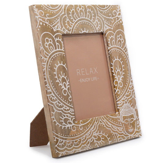 Large white hand-carved mango wood picture frame featuring a serene Buddha design for 13x18cm photos.