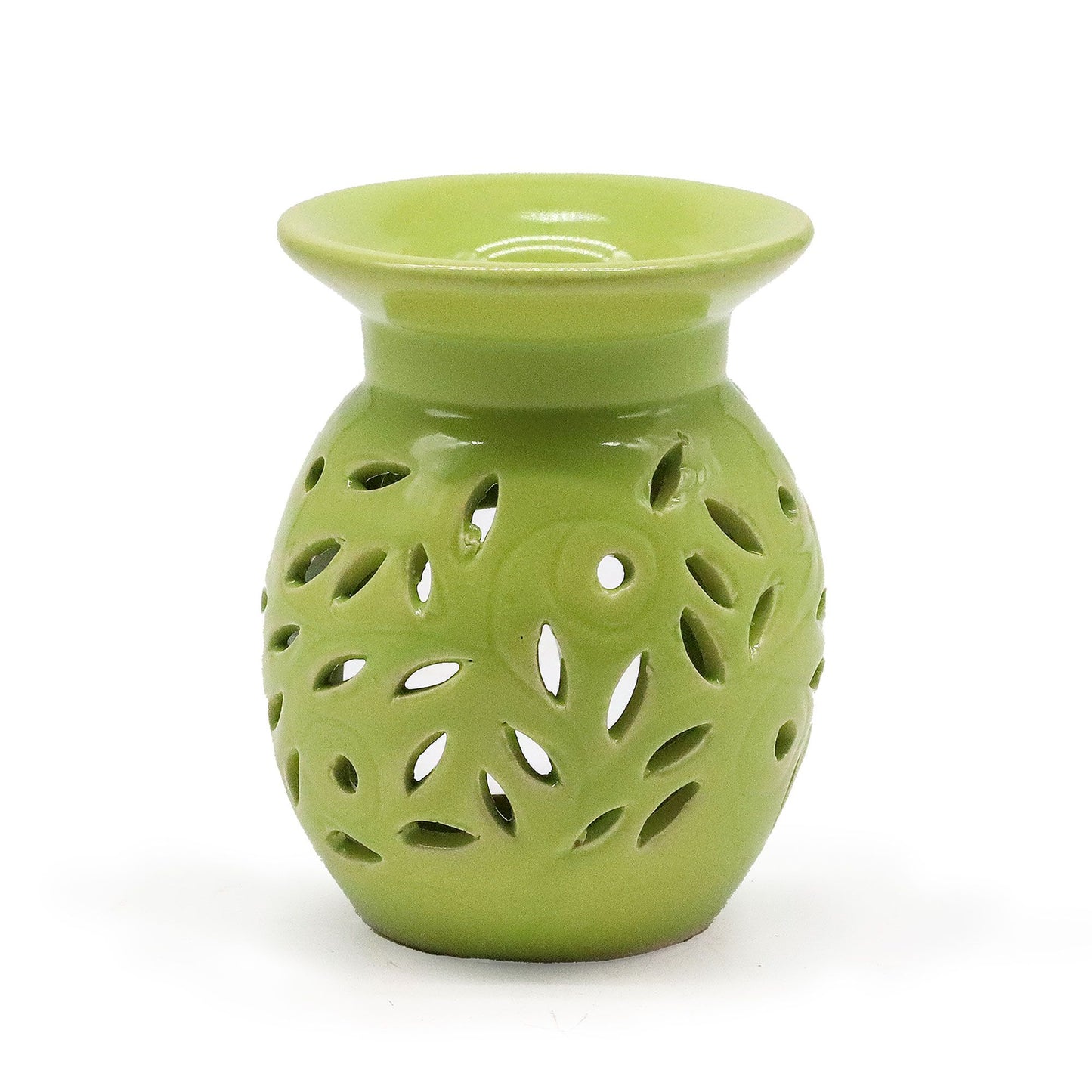 Elegant lime green ceramic oil burner featuring a decorative floral cut-out design for tealight candles.