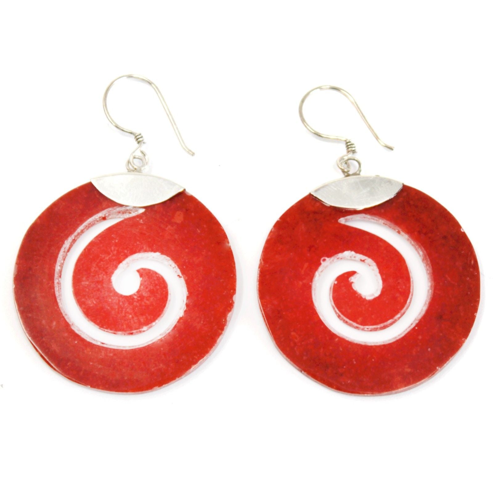 Handcrafted 925 silver drop earrings with an intricate scroll design and a smooth round red coral imitation stone.