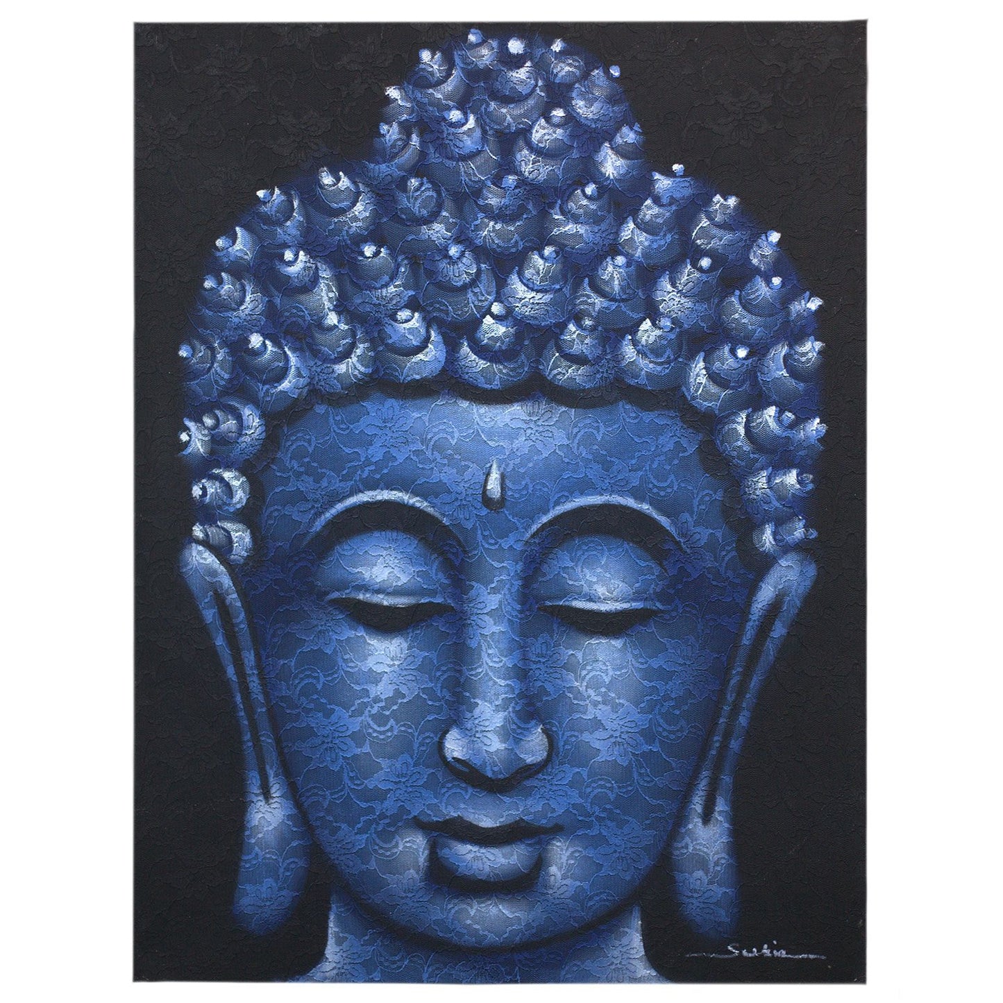 Hand-painted Buddha artwork on canvas with intricate blue brocade details and a natural wooden frame.