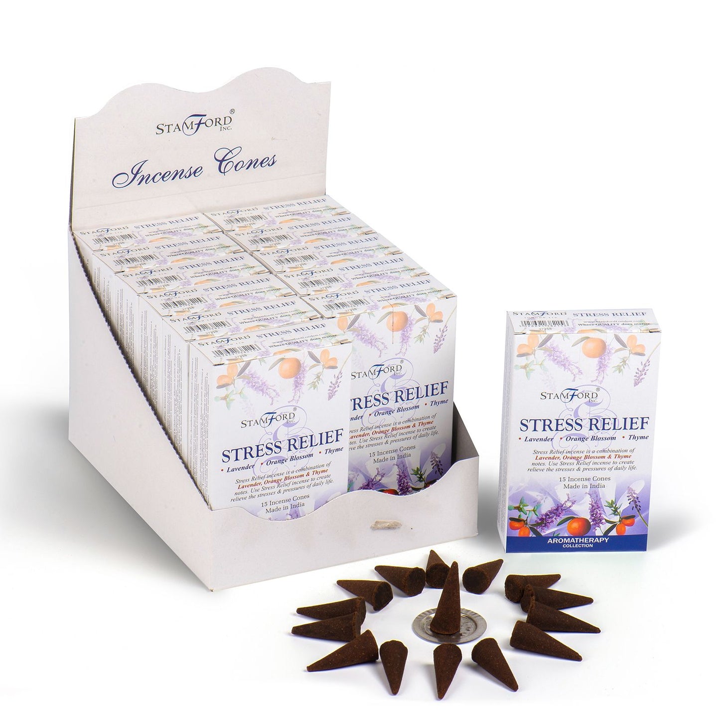 A pile of dark brown conical incense pieces designed for stress relief and relaxation.
