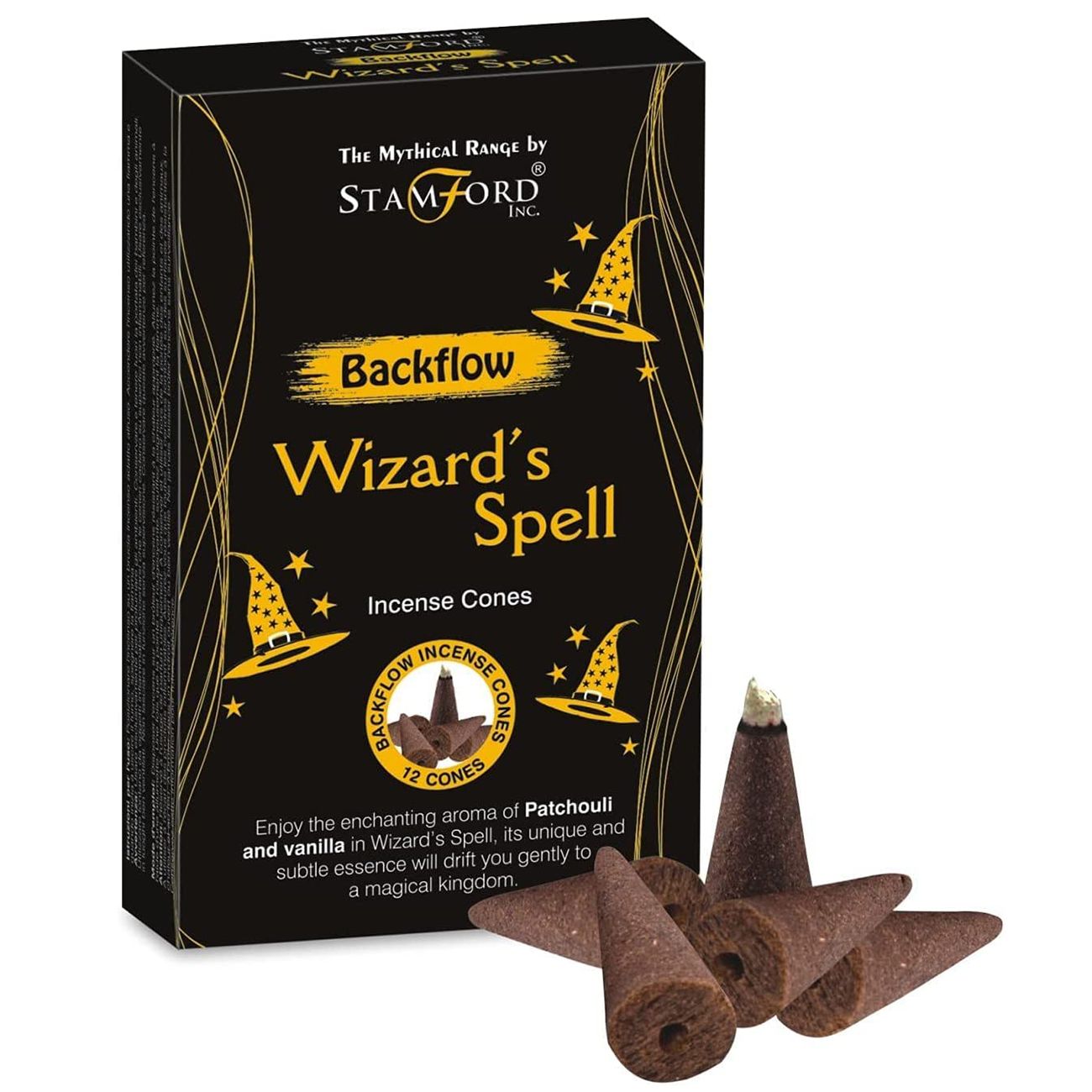 Scented backflow incense cones in a decorative purple box with mystical wizard and magical spell illustrations.