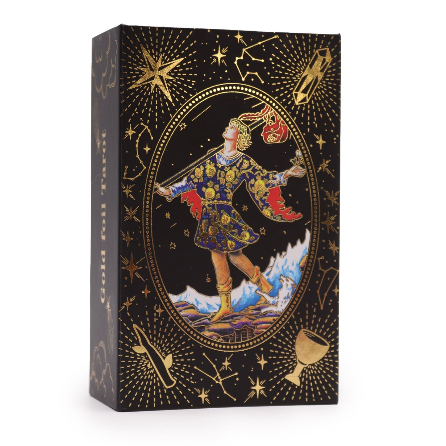 Elegant 78-card tarot deck featuring shimmering gold foil details on every card, presented in a decorative gift box.