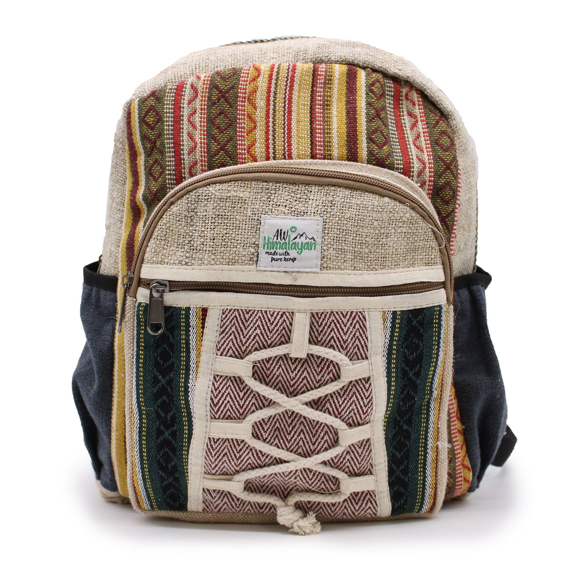 Small sustainable hemp backpack featuring decorative rope accents and multiple utility pockets.
