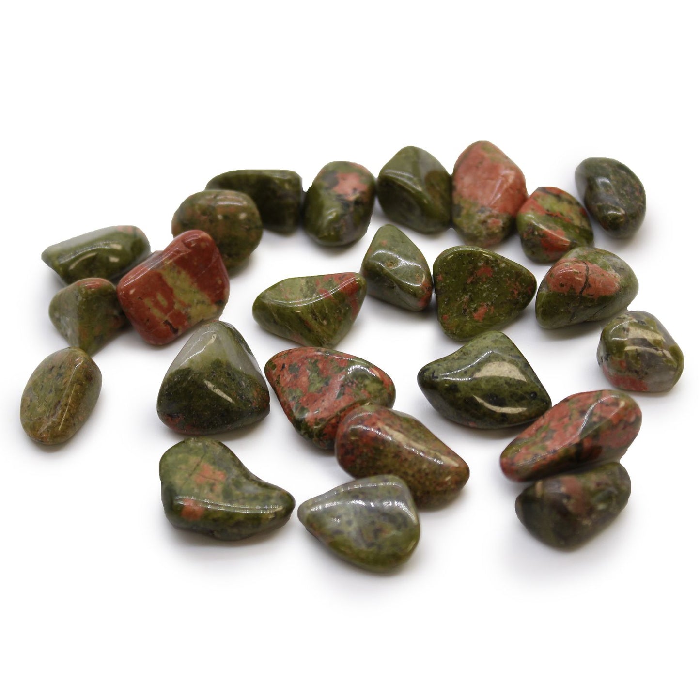 A collection of small polished Unakite tumble stones showing natural mottled green and salmon pink patterns.