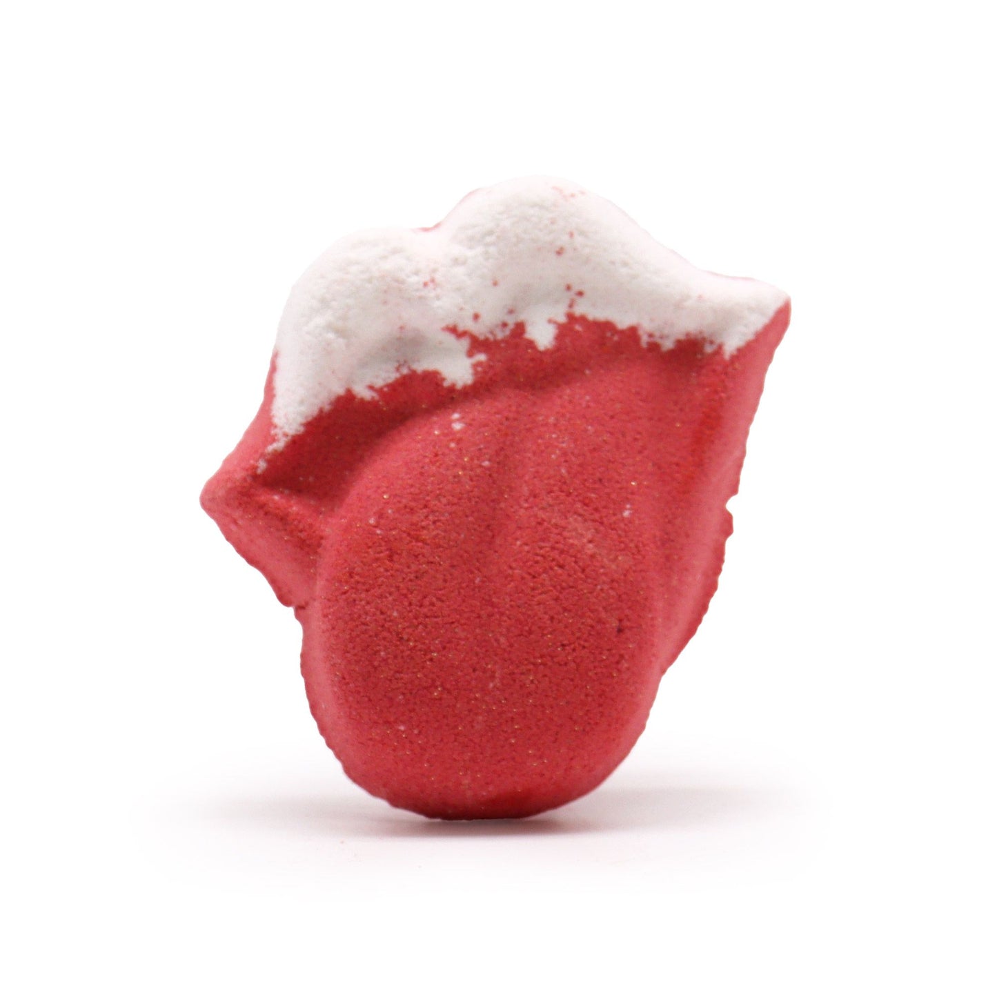 Fun bright pink lip-shaped bath bomb with a textured surface on a plain background.